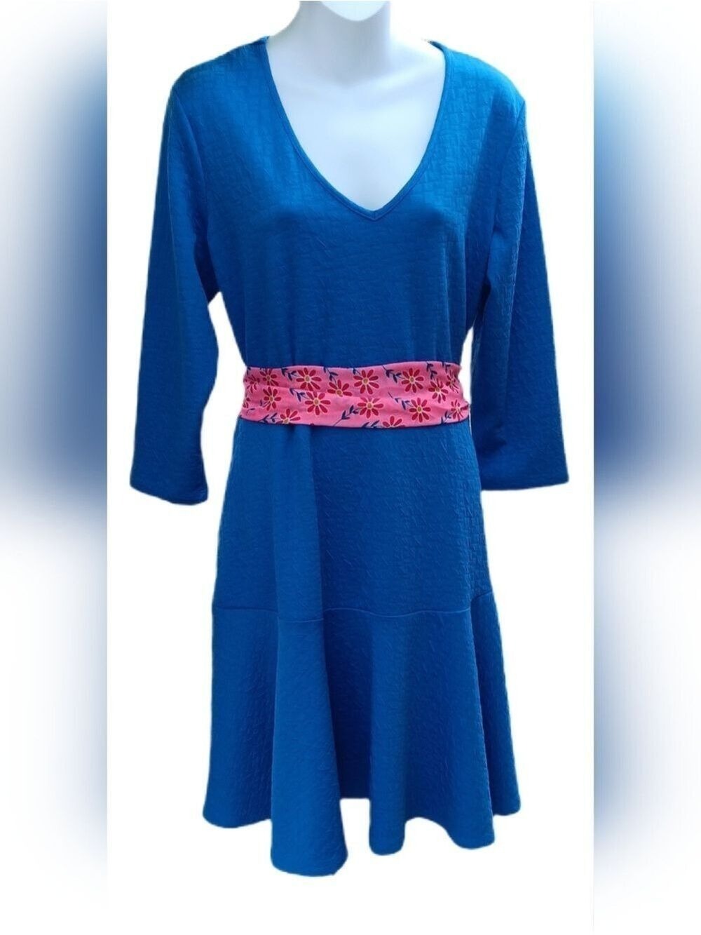 NY Collection Blue V-Neck 3/4 Sleeve Flare Dress Large